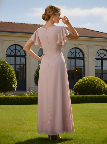 Flutter Sleeves Sequins Lace Chiffon A-Line Dress Dusty Rose