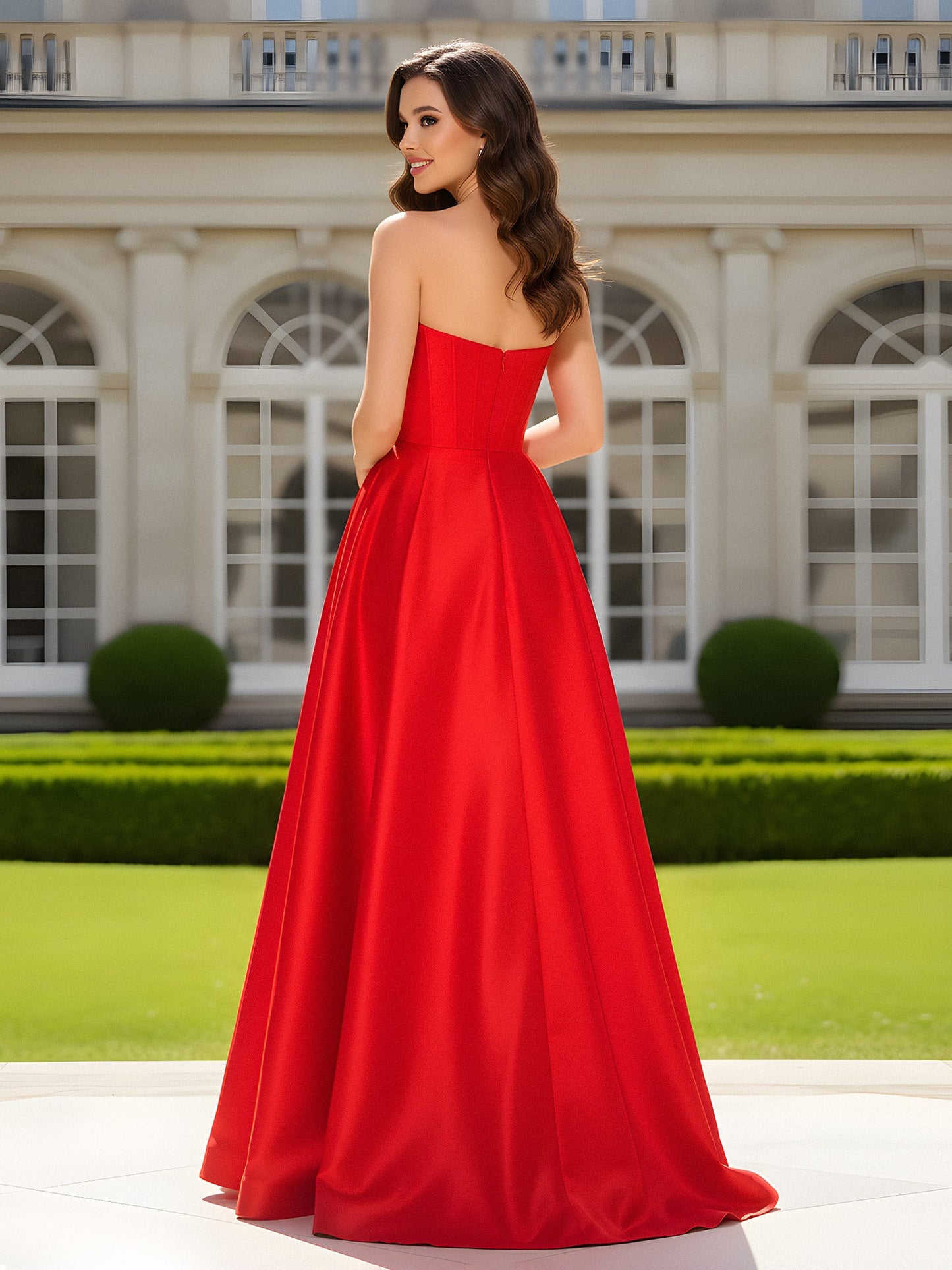 Sweetheart Neck A-Line Satin Maxi Dress With Slit Red