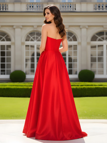 Sweetheart Neck A-Line Satin Maxi Dress With Slit Red