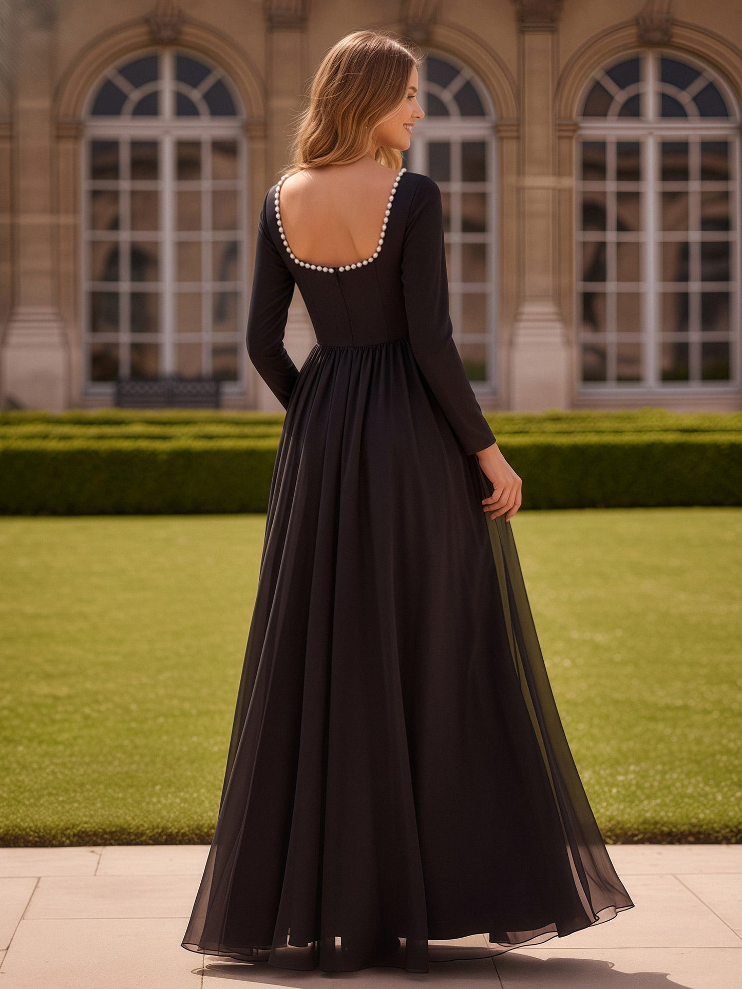 Pearl Square Neck Long Sleeve Dress With Slit Black