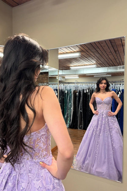 Lilac Sweetheart A-Line Long Corset Prom Dress with Lace Appliques