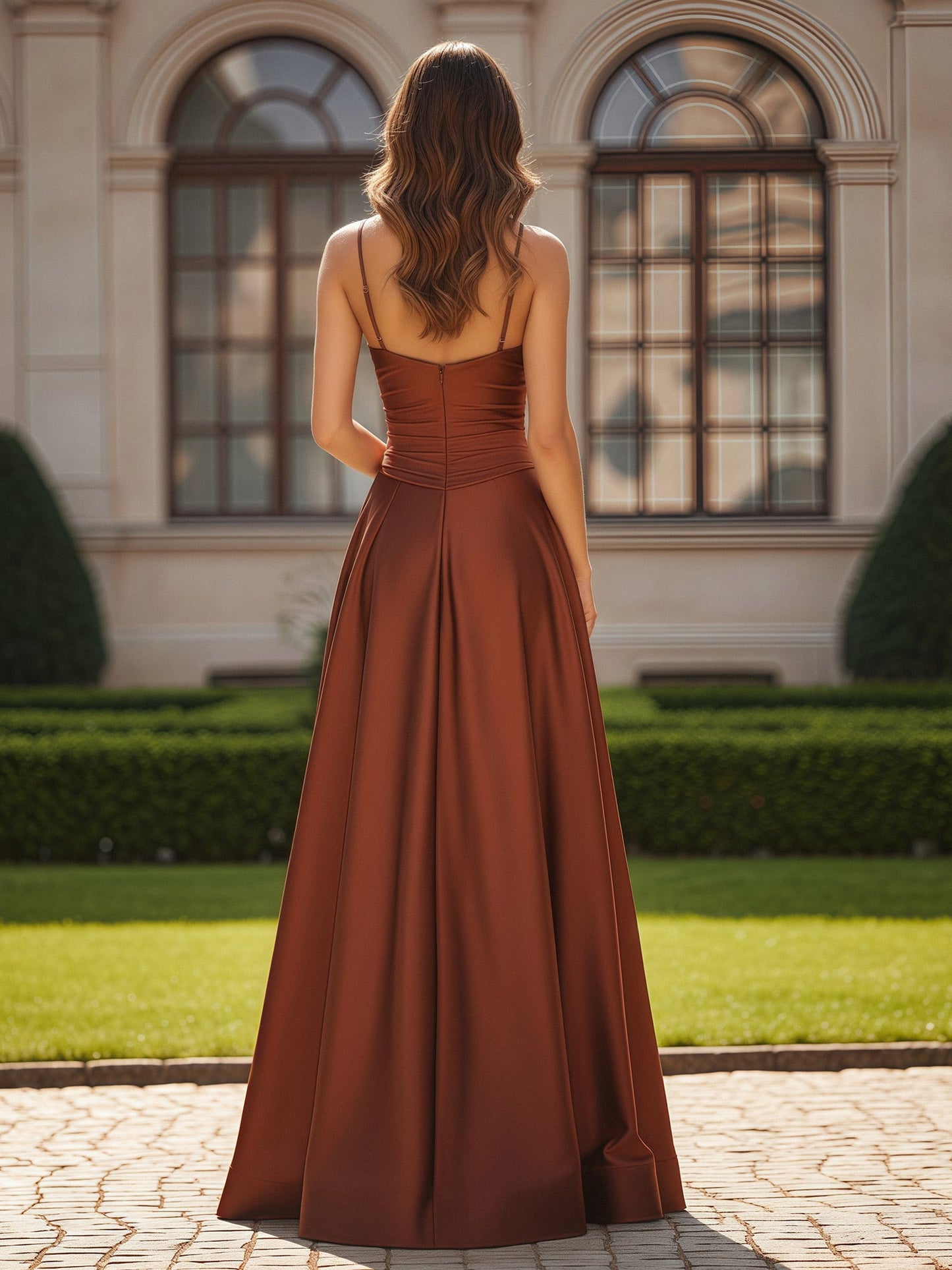 Spaghetti Straps Sweetheart Corset Long Dress With Slit Rust