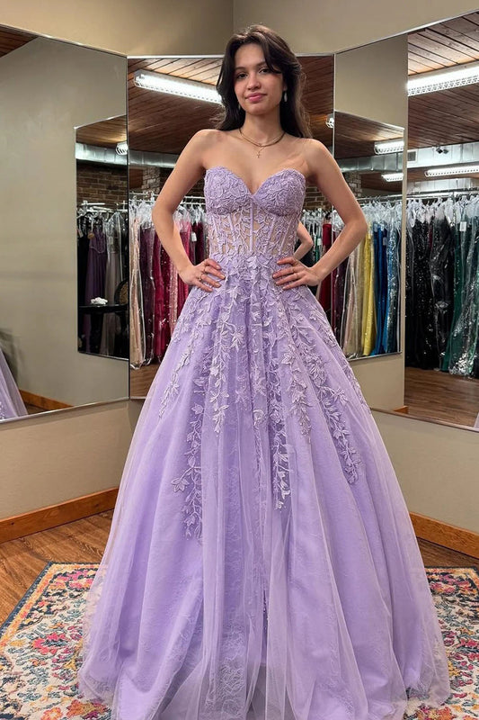 Lilac Sweetheart A-Line Long Corset Prom Dress with Lace Appliques