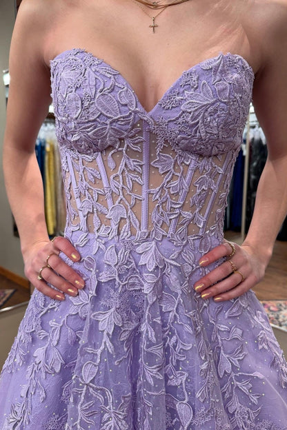 Lilac Sweetheart A-Line Long Corset Prom Dress with Lace Appliques