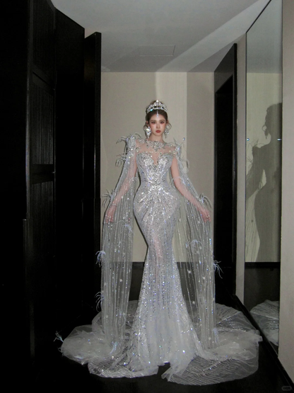 Elegant Glittering Silvery Beaded Sequined Design Mermaid Wedding Dress Prom Dress Evening Dress HZ1024