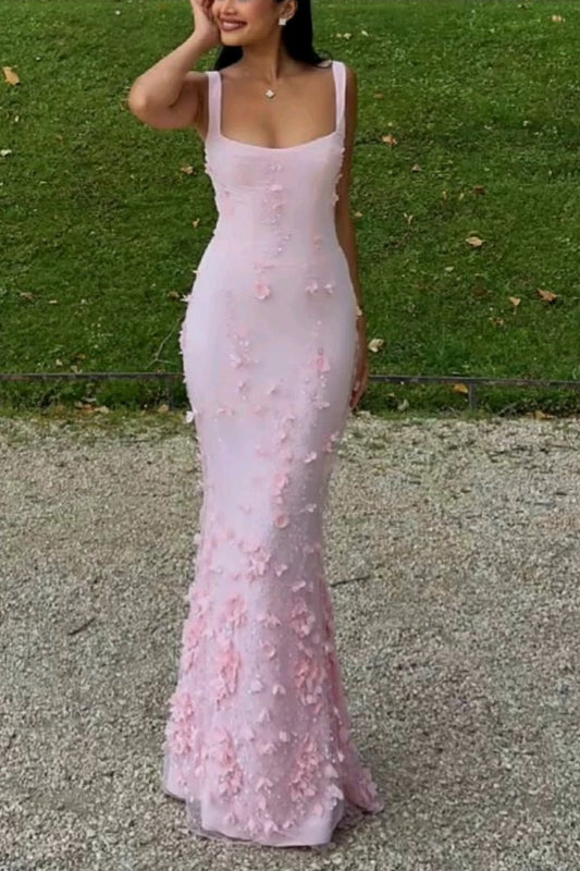 girlhomeshops-Pink floral long satin tulle prom dress ball gown gh5947