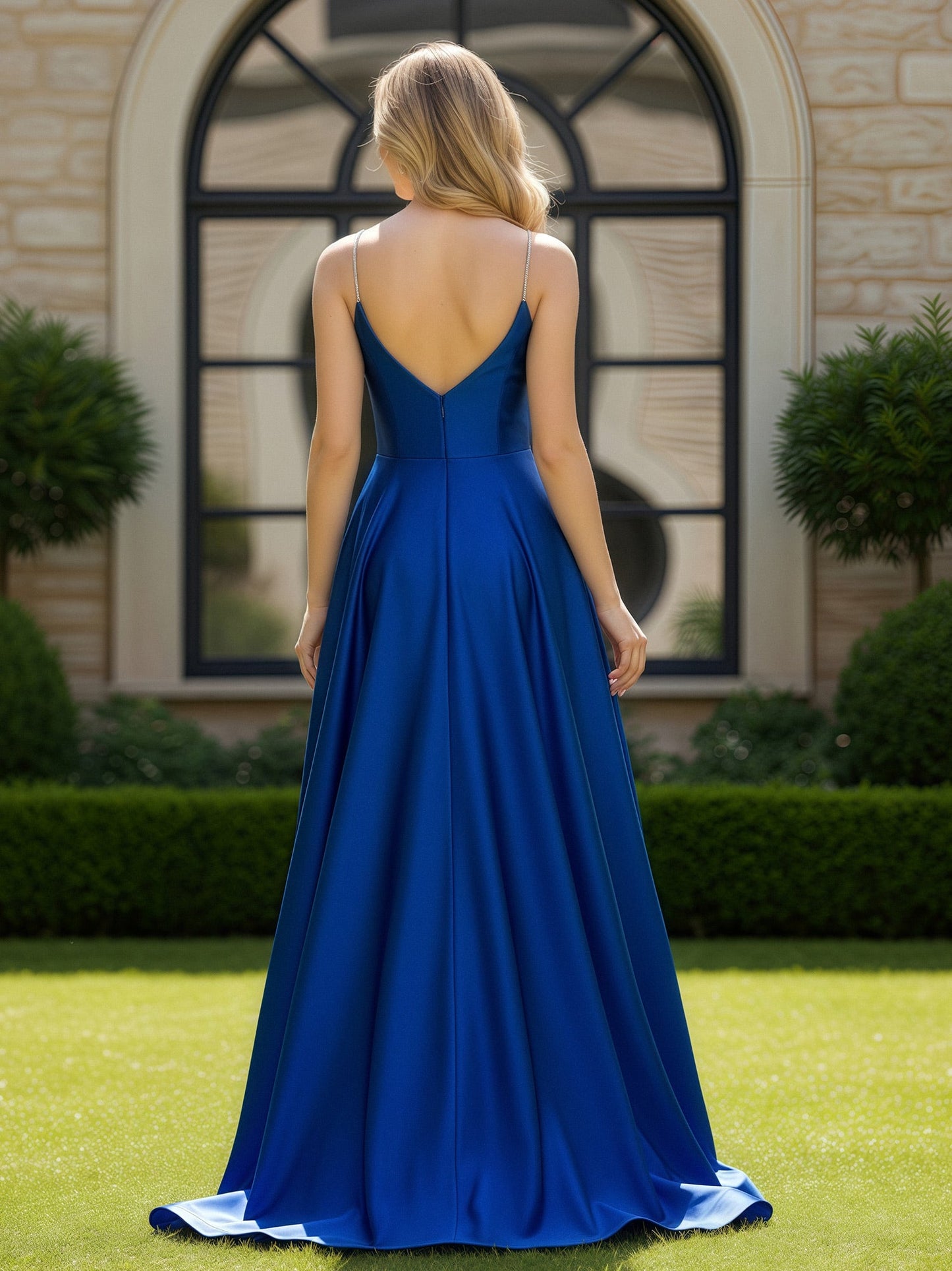A-Line Spaghetti Straps V-neck Sweep Train Gown Royal Blue