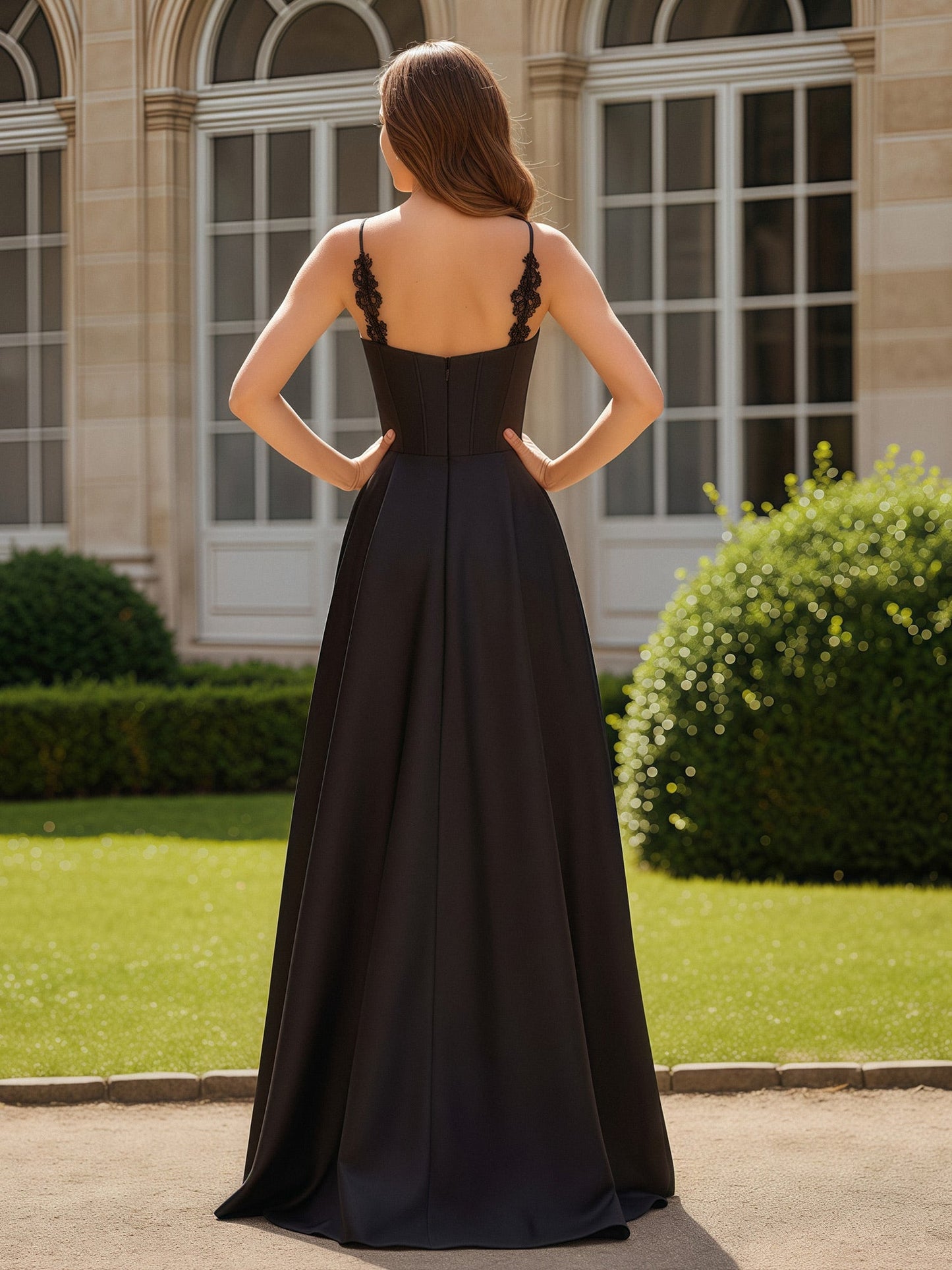 Spaghetti Straps Lace Sweetheart Neck Long Dress Black