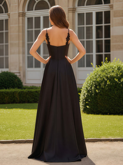 Spaghetti Straps Lace Sweetheart Neck Long Dress Black