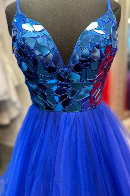 Cut Glass Mirror V-Neck Layers A-Line Long Prom Dress
