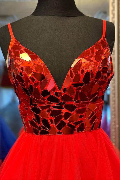 Cut Glass Mirror V-Neck Layers A-Line Long Prom Dress