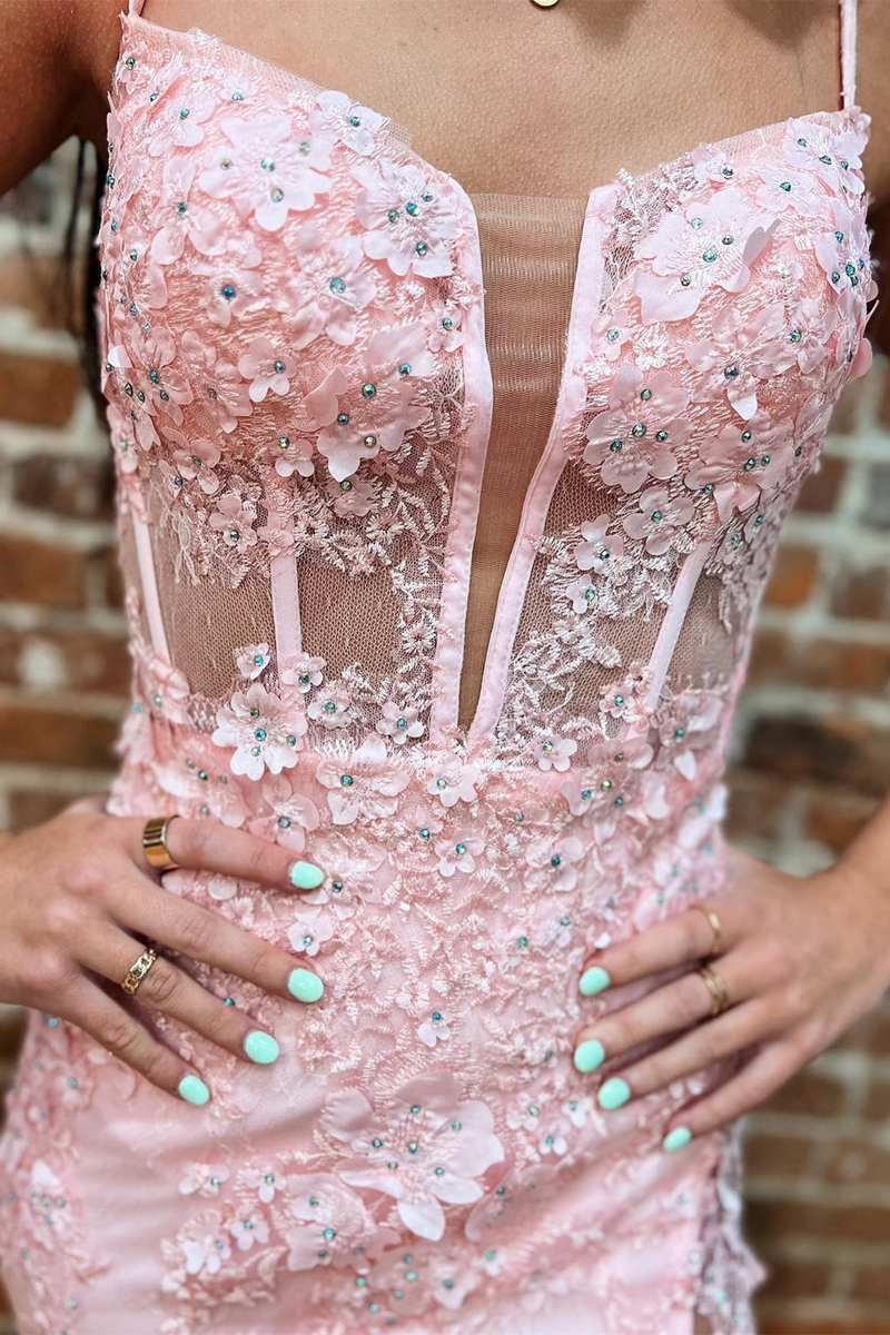 Pink Floral Lace Split Neck Mermaid Long Prom Dress with Slit