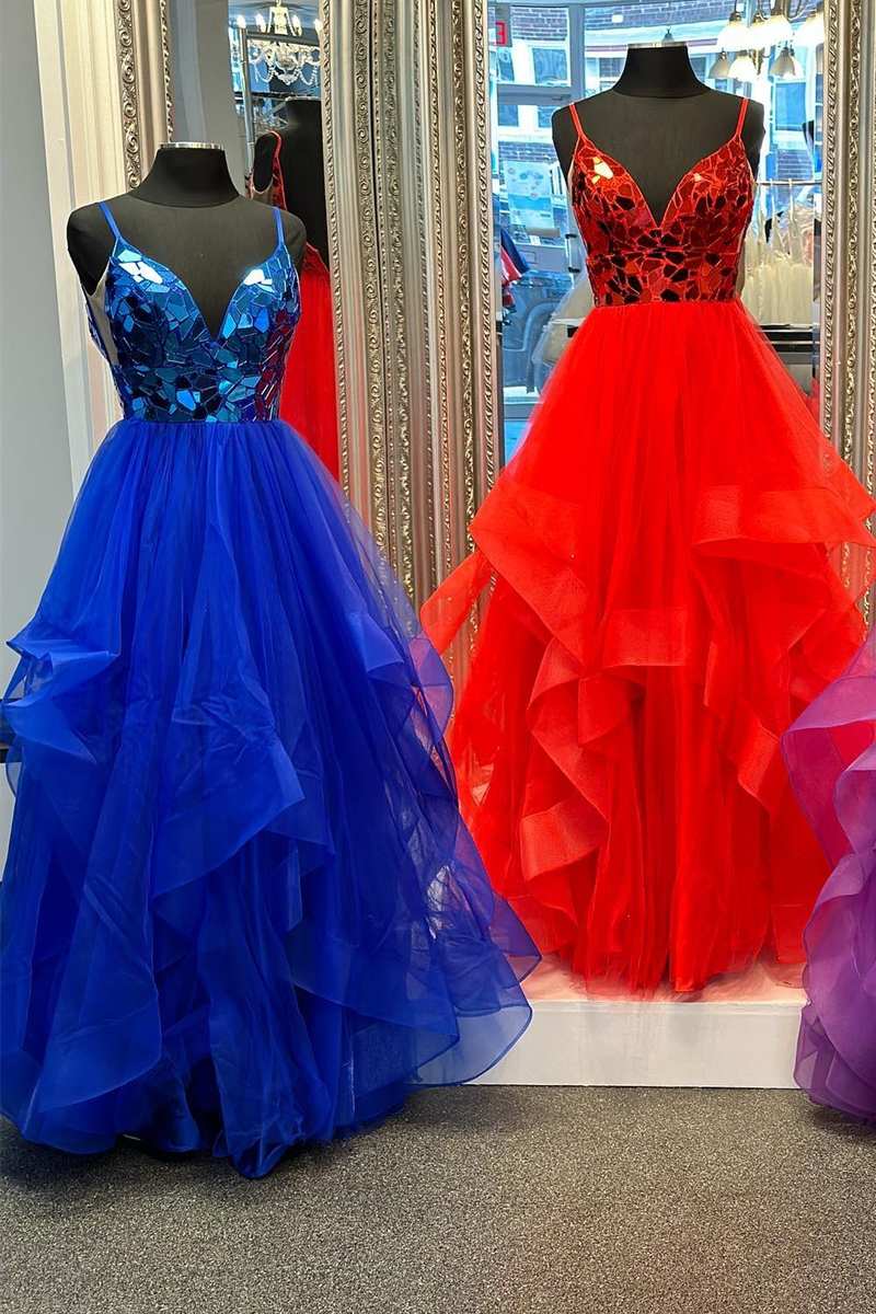 Cut Glass Mirror V-Neck Layers A-Line Long Prom Dress