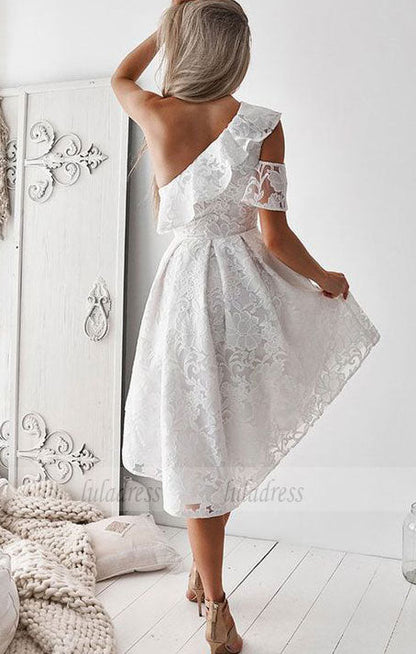 A-Line One-Shoulder High Low White Lace Prom Homecoming Dress with Ruffles