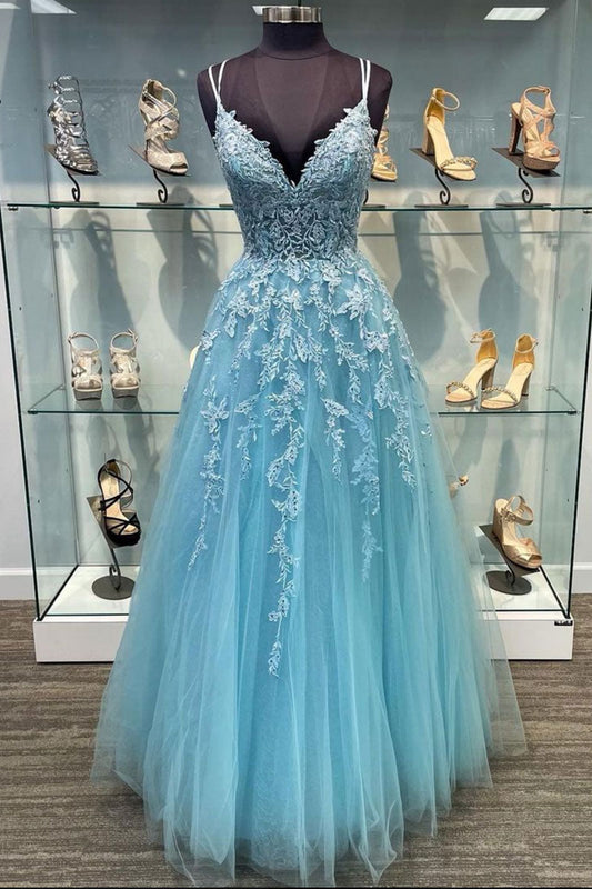 Blue v neck tulle lace long prom dress blue tulle lace evening dress