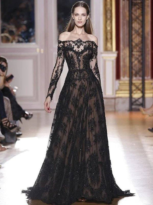 A-Line/Princess Off-the-Shoulder Long Sleeves Lace Sweep/Brush Train Dresses - RongMoon