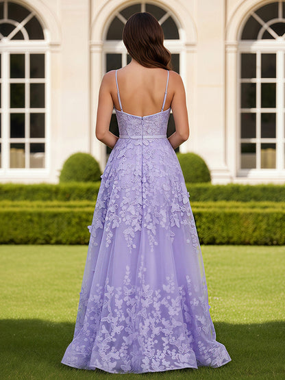 A-Line Square Neck Butterfly Applique Long Dress Lilac