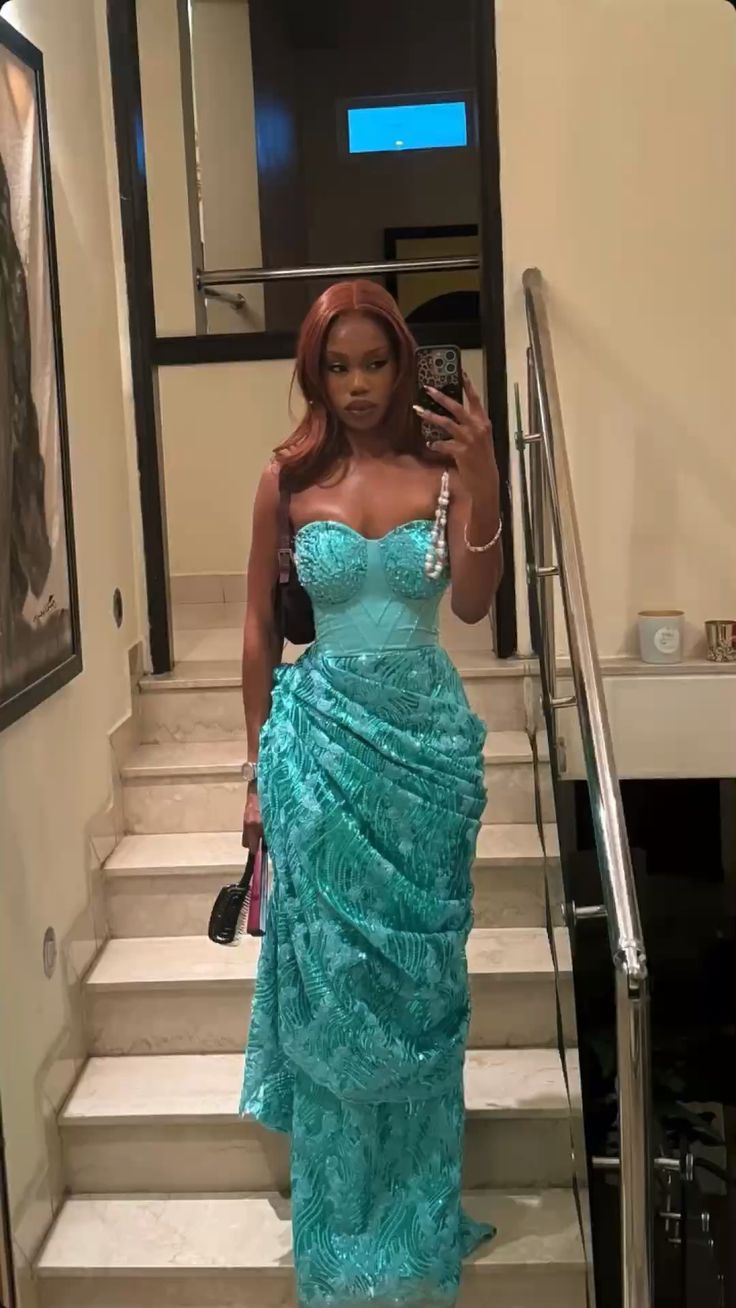 Vintage Lake Blue Strapless Beaded Jacquard Satin Long Prom Dress Evening Dress cc5594