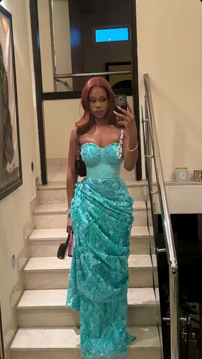 Vintage Lake Blue Strapless Beaded Jacquard Satin Long Prom Dress Evening Dress cc5594
