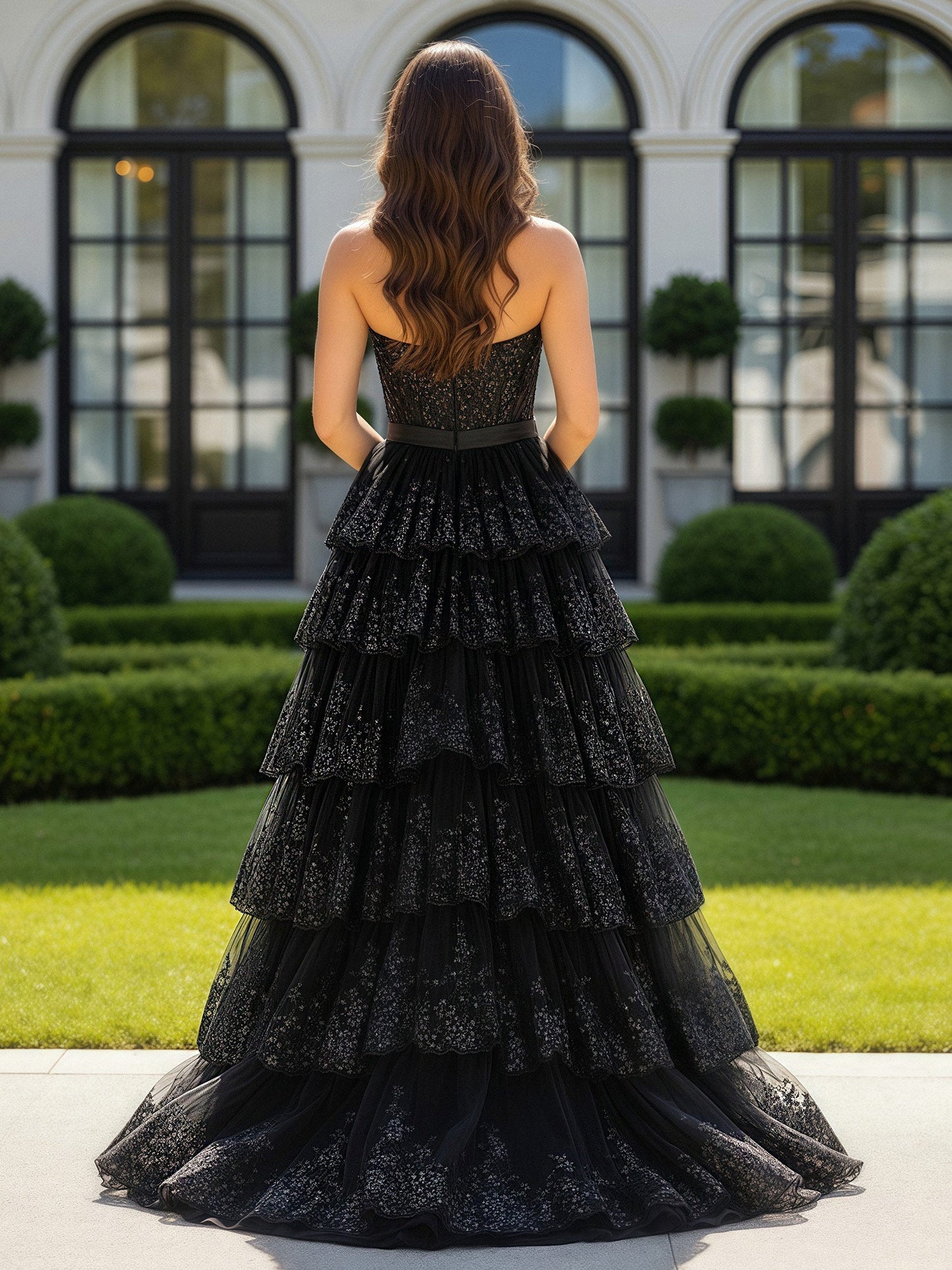 Sweetheart Neck Sequins Tiered Tulle Dress With Bow Black