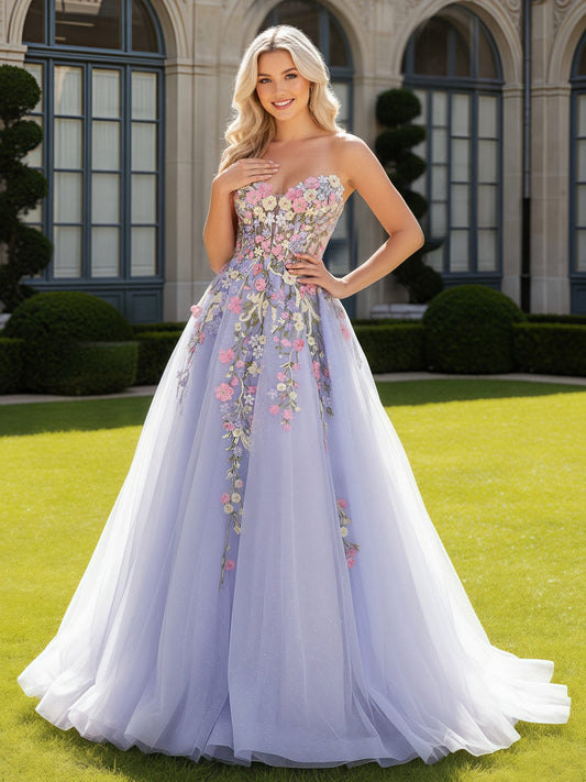 Floral Applique Sweetheart Neck A-Line Tulle Dress Lavender