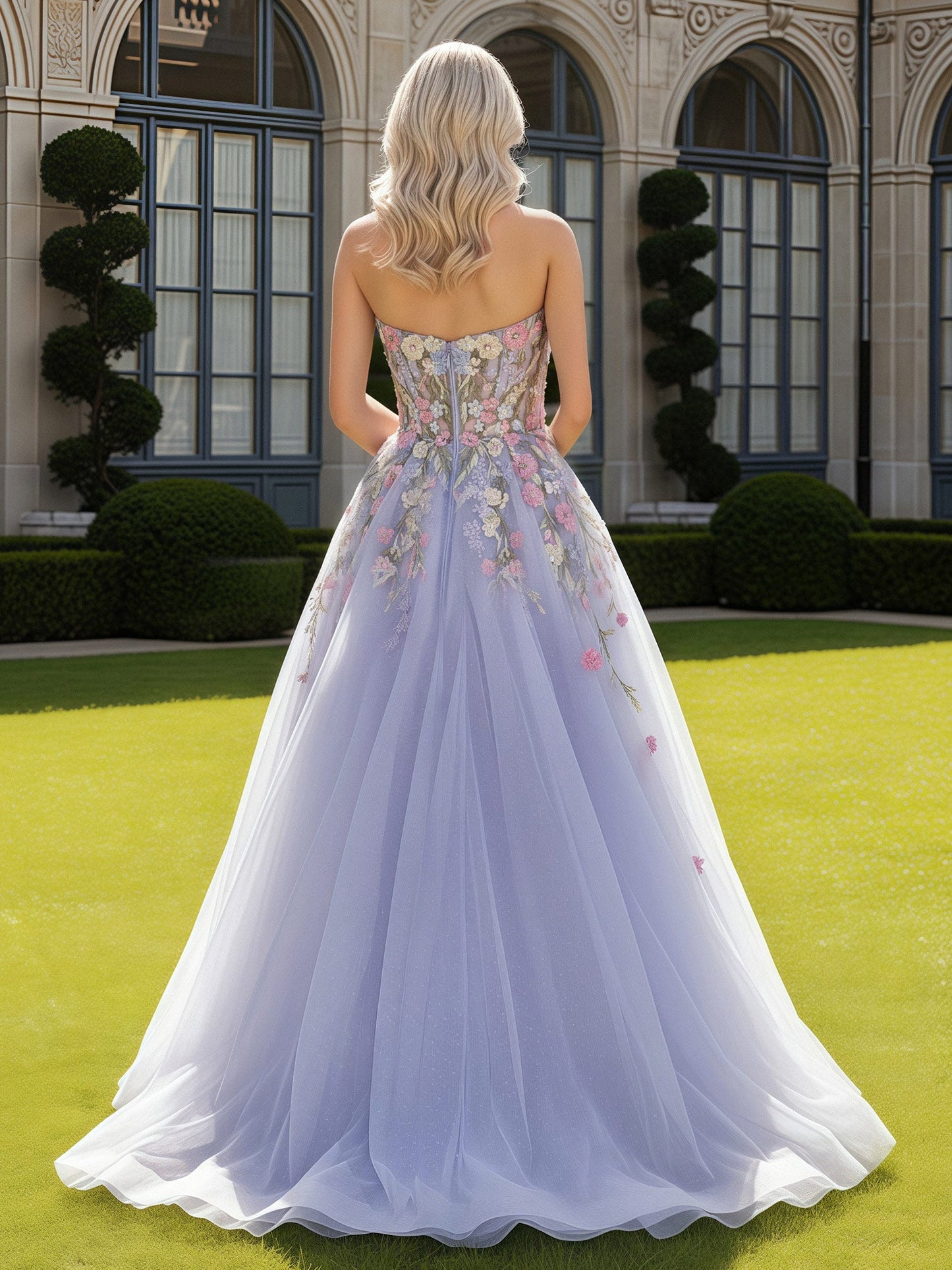 Floral Applique Sweetheart Neck A-Line Tulle Dress Lavender