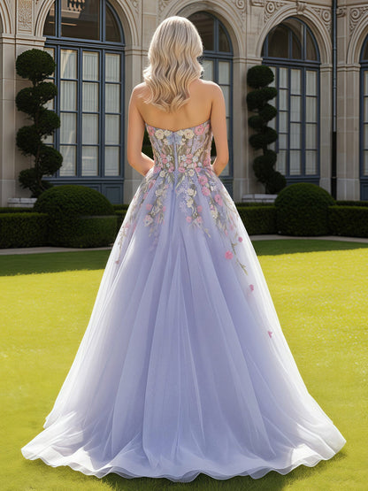 Floral Applique Sweetheart Neck A-Line Tulle Dress Lavender