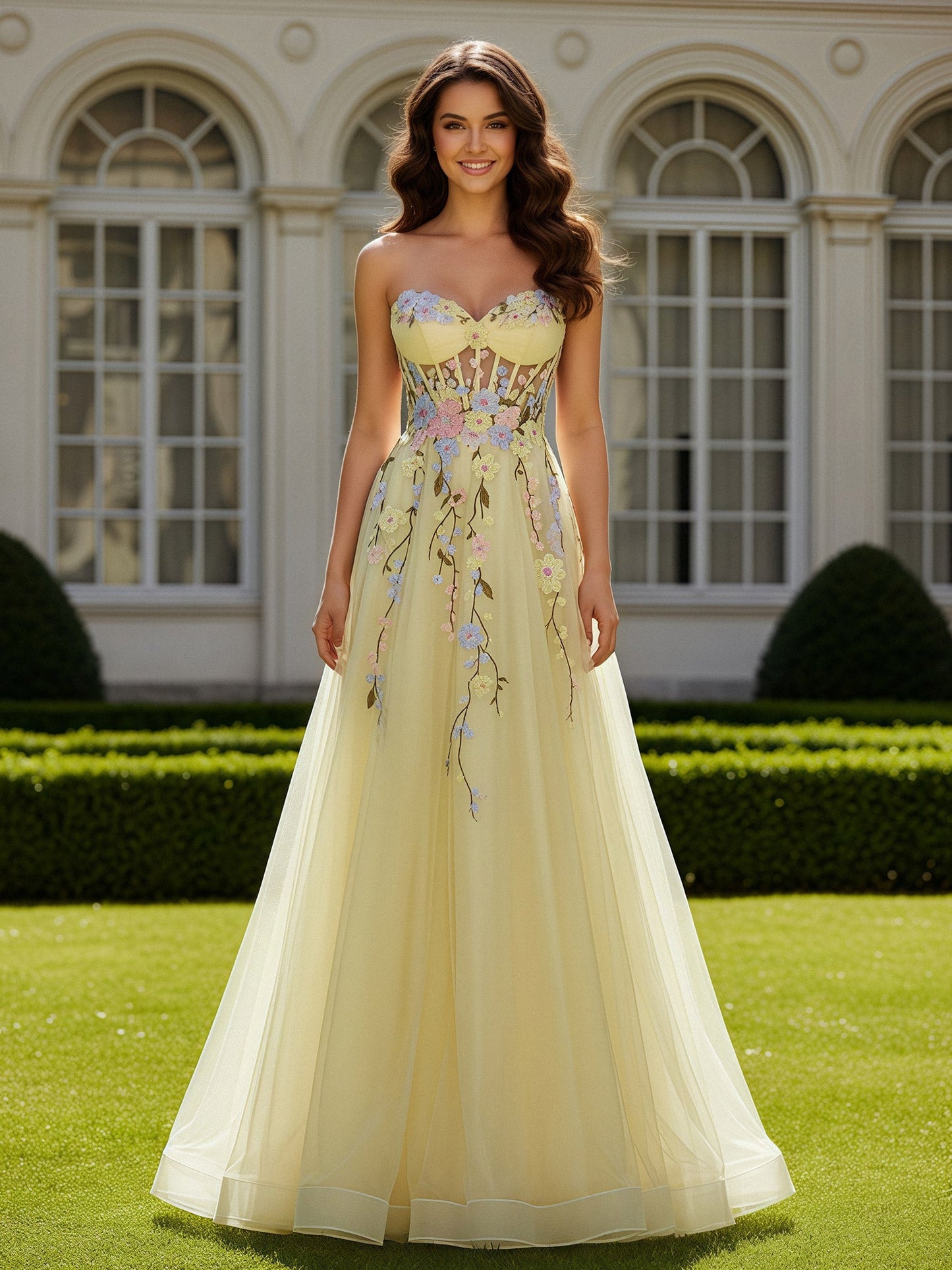 Sweetheart Corset Floral Applique Tulle Long Dress Daffodil