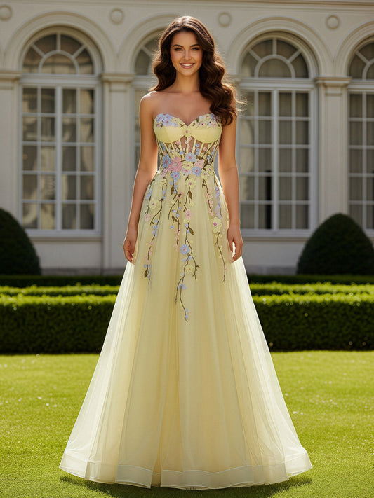 Sweetheart Corset Floral Applique Tulle Long Dress Daffodil