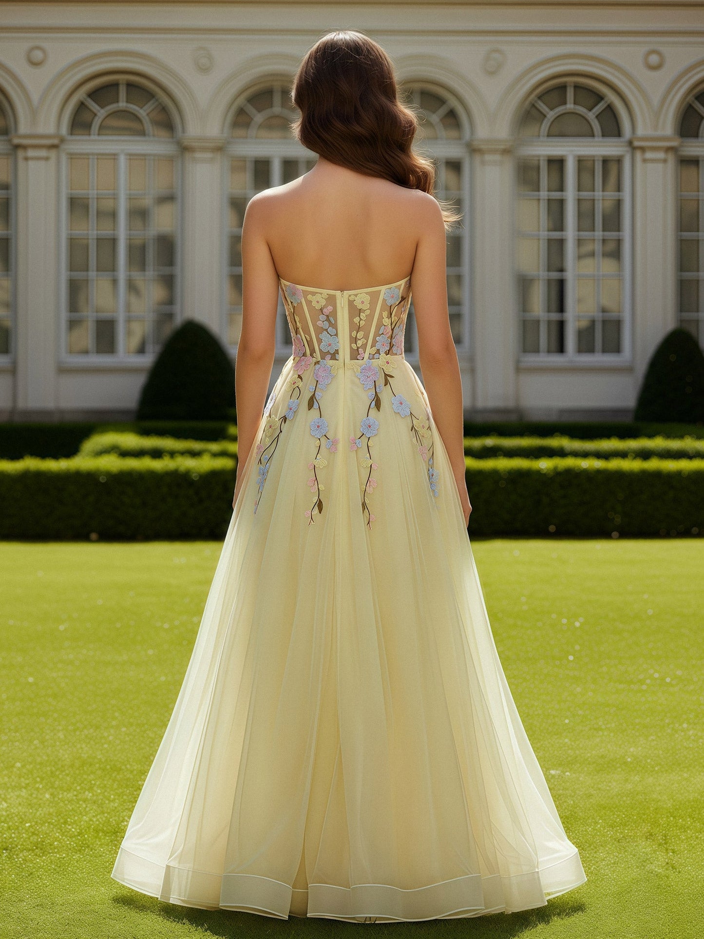 Sweetheart Corset Floral Applique Tulle Long Dress Daffodil