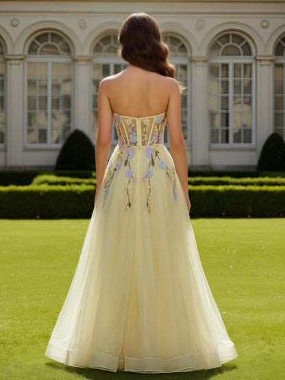 Sweetheart Corset Floral Applique Tulle Long Dress Daffodil