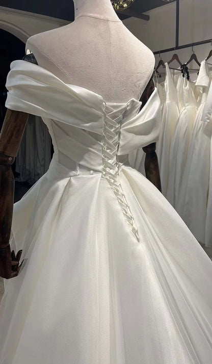 Off-the-shoulder satin corset wedding dress unique minimalist A-line bridal dress custom simple & classic Ivory ball gown