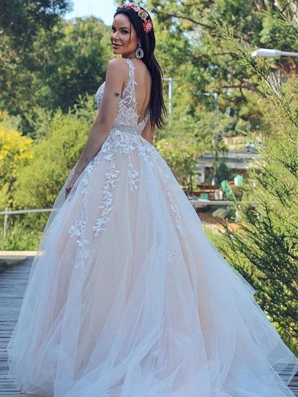 A-Line/Princess Applique Tulle Sleeveless V-neck Sweep/Brush Train Dresses - RongMoon