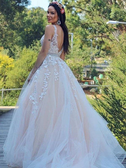 A-Line/Princess Applique Tulle Sleeveless V-neck Sweep/Brush Train Dresses - RongMoon