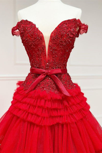 Princess Tulle Off-the-Shoulder Tiered A-Line Prom Gown