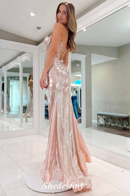 Glitter Metallic Mermaid Strapless Rhinestone Slit Gala Prom Dress
