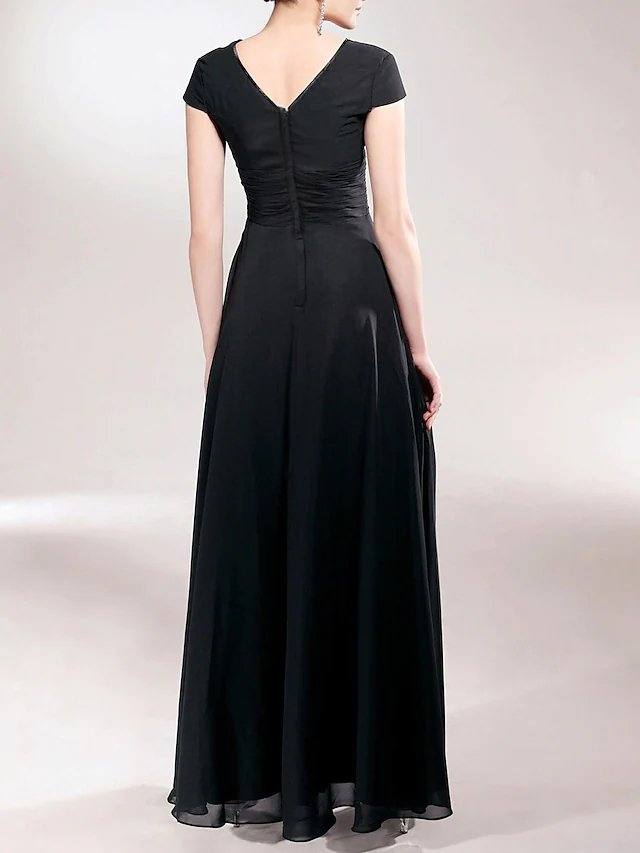 Sheath / Column Mother of the Bride Dress Little Black Dress V Neck Asymmetrical Chiffon Short Sleeve with Ruched Beading Appliques - RongMoon