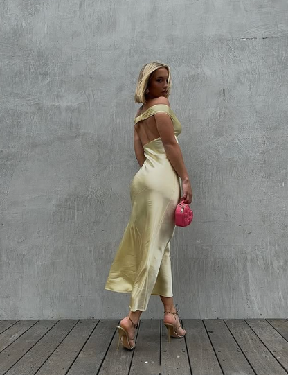 Classy Mermaid Off The Shoulder Yellow Satin Long Evening Dress Prom Dresses SD2063