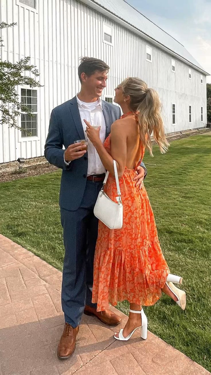 Orange A-line Backless Print Party Dress,Summer Dress cc809
