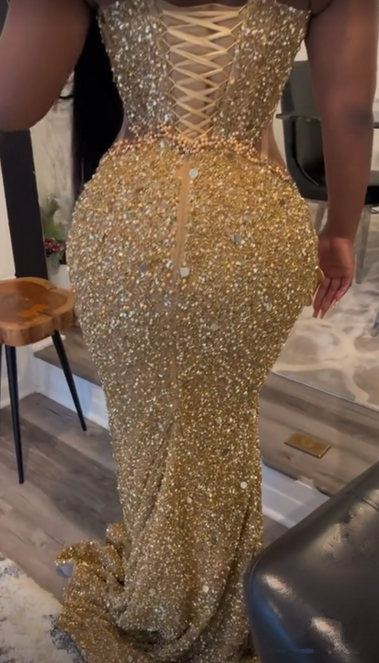 Gorgeous Gold Sequins Appliques Prom Dress Formal Mermaid Evening Dress cc2323
