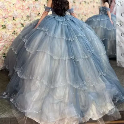 Sparkly Blue Sequin Off The Shoulder Ball Gown,Tulle Layered Sweet 16 Birthday Dress cc2618