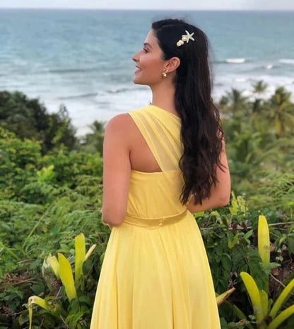 Yellow One Shoulder Wedding Guest Dress Chiffon A-Line Long Formal Dress Evening Dress With Slit