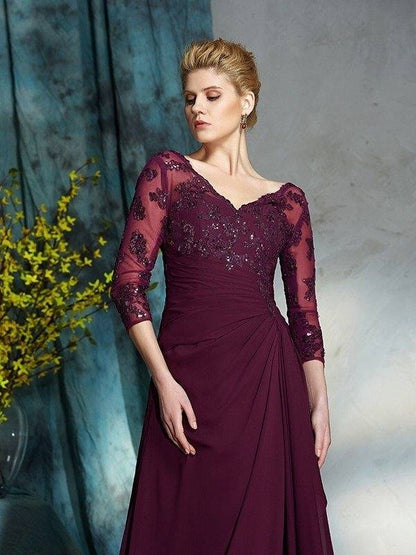 A-Line/Princess V-neck Beading 3/4 Sleeves Long Chiffon Mother of the Bride Dresses - RongMoon