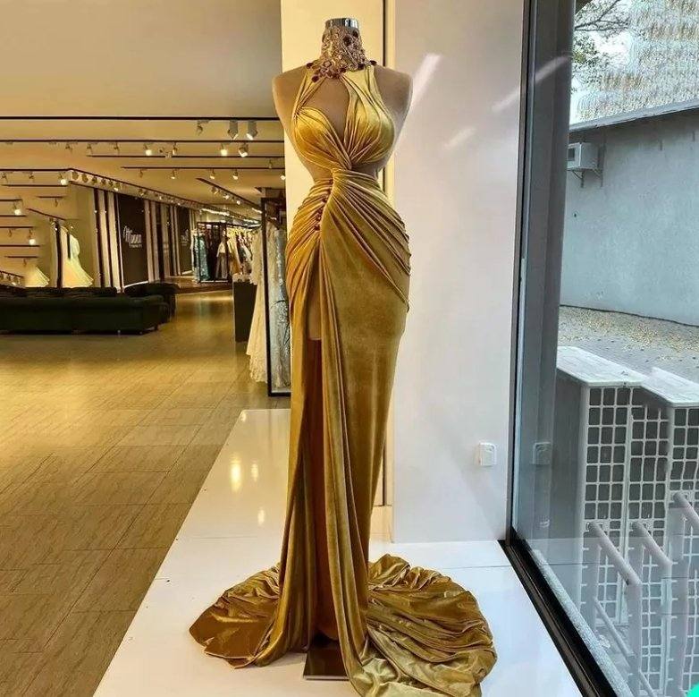 Gold Evening Dresses Sheath High Collar Velvet Beaded Slit Long Turkey Dubai Saudi Arabic Evening Gown Prom Dresses - RongMoon