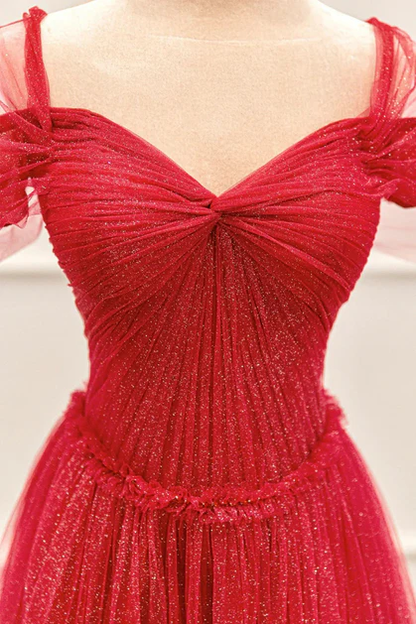 Pretty Red Tulle Off The Shoulder Evening Dress Shiny Sweetheart Prom Party Dress cc2192