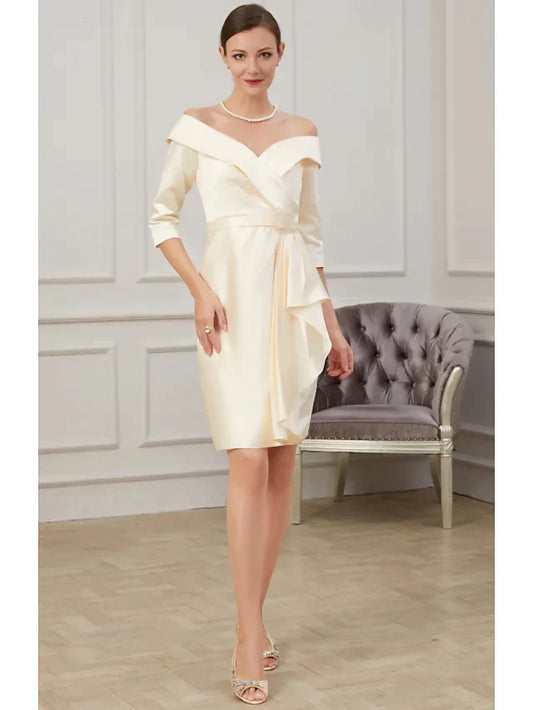 Mother of the Bride Dress Plus Size Off Shoulder Knee Length Polyester Half Sleeve with Ruffles Ruching