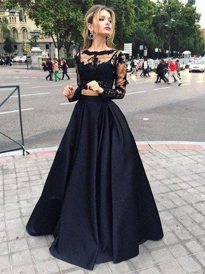 Ball Gown Long Sleeves Bateau Satin Floor-Length Dresses - RongMoon