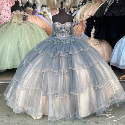 Sparkly Blue Sequin Off The Shoulder Ball Gown,Tulle Layered Sweet 16 Birthday Dress cc2618