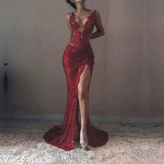 Burgundy Prom Dresses Mermaid Deep V-neck Lace Slit Sexy Dubai Saudi Arabic Long Robe De Soiree Prom Gown Evening Dresses - RongMoon