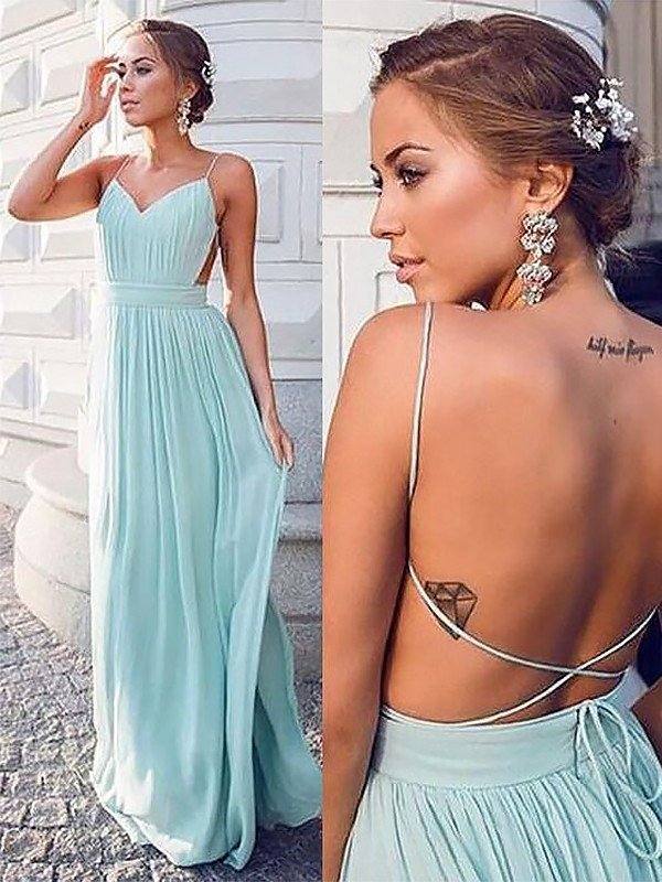 A-Line Spaghetti Straps Sleeveless Floor-Length With Ruched Chiffon Dresses - RongMoon
